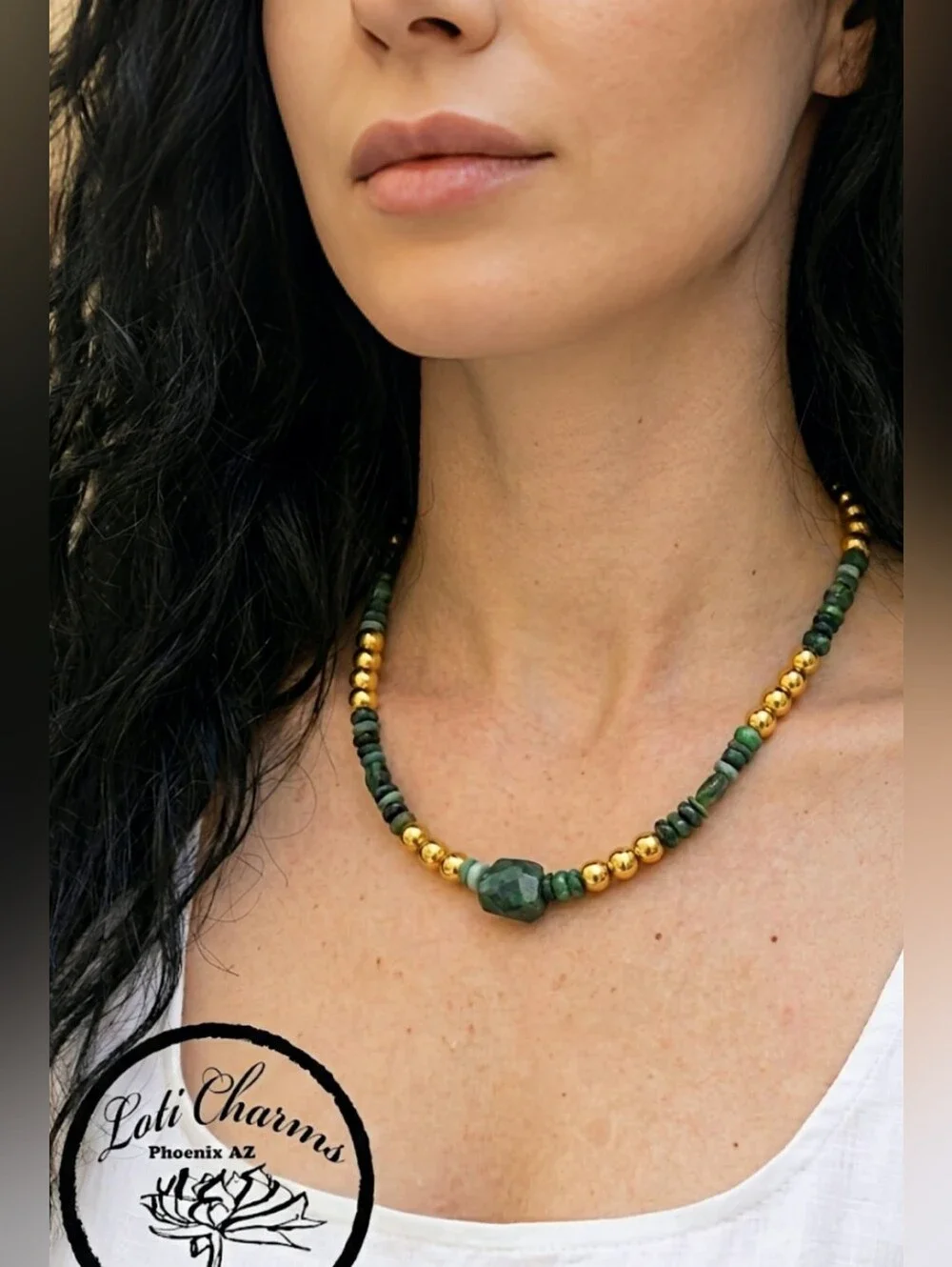 Natural Green Emerald Chips, Beads and Stones With Gold Bead Balls Necklace